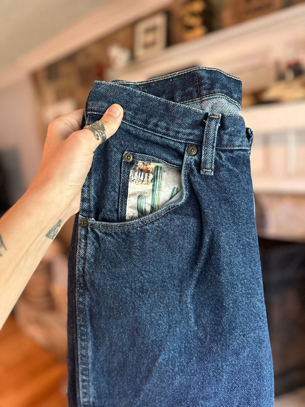Custom Denim Blue Jean- Cactus Pocket