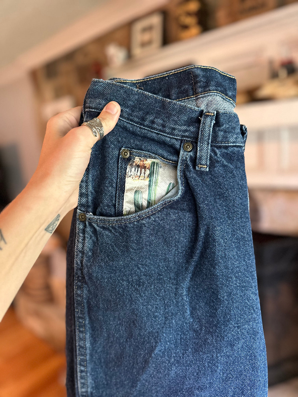 Custom Denim Blue Jean- Cactus Pocket