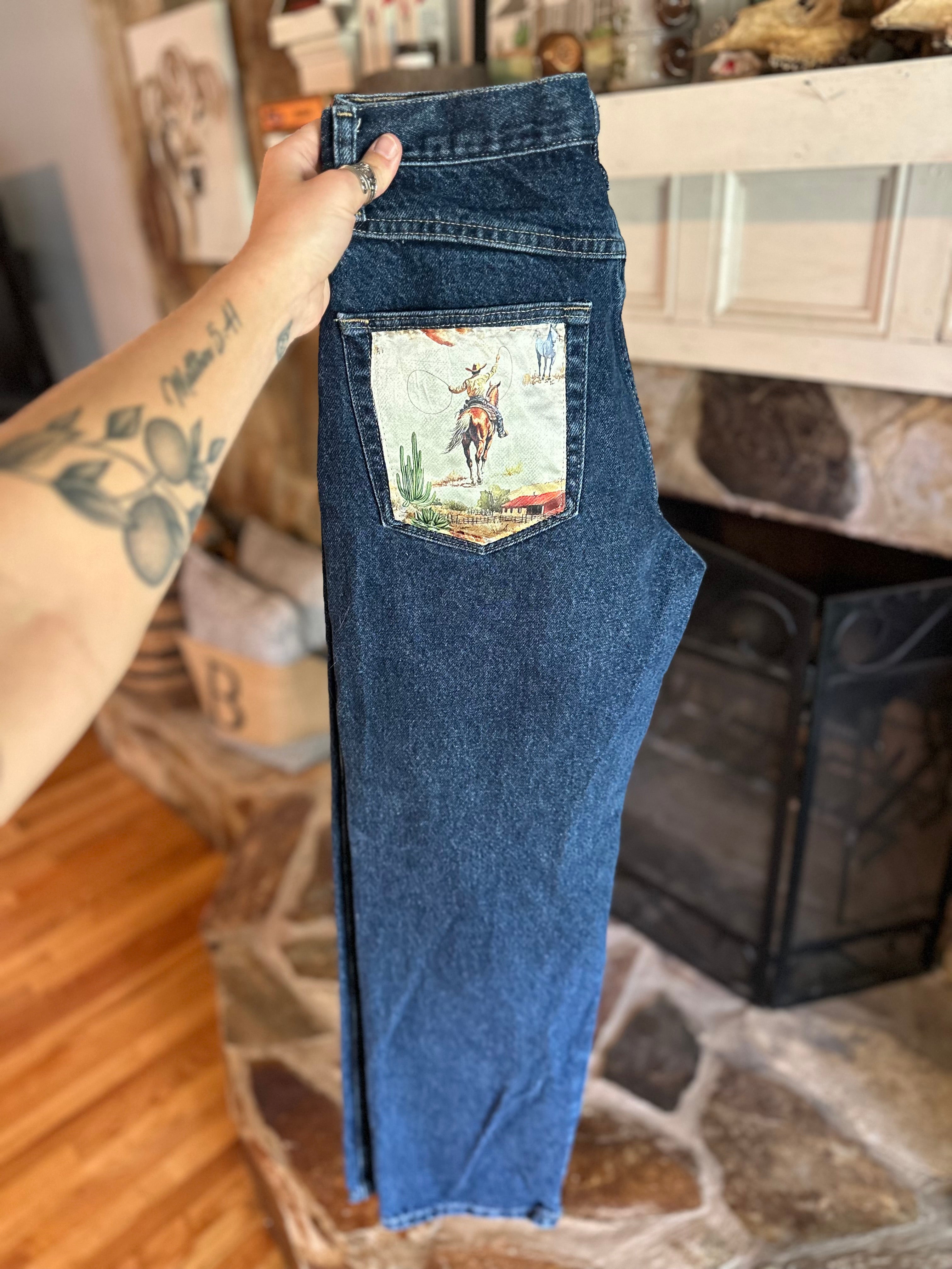 Custom Denim Blue Jean- Cactus Pocket
