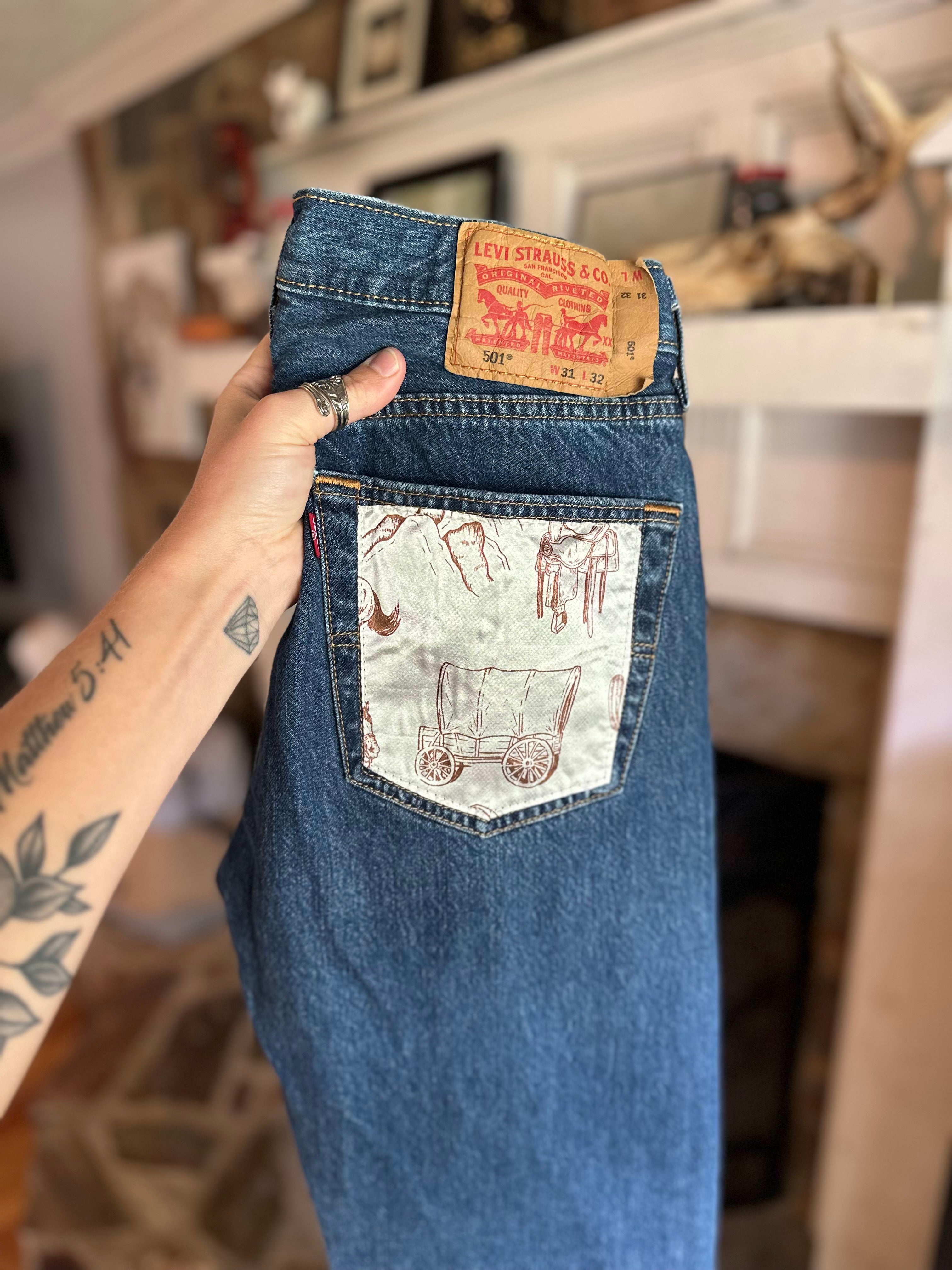Custom Denim Blue Jean- Brown Pocket