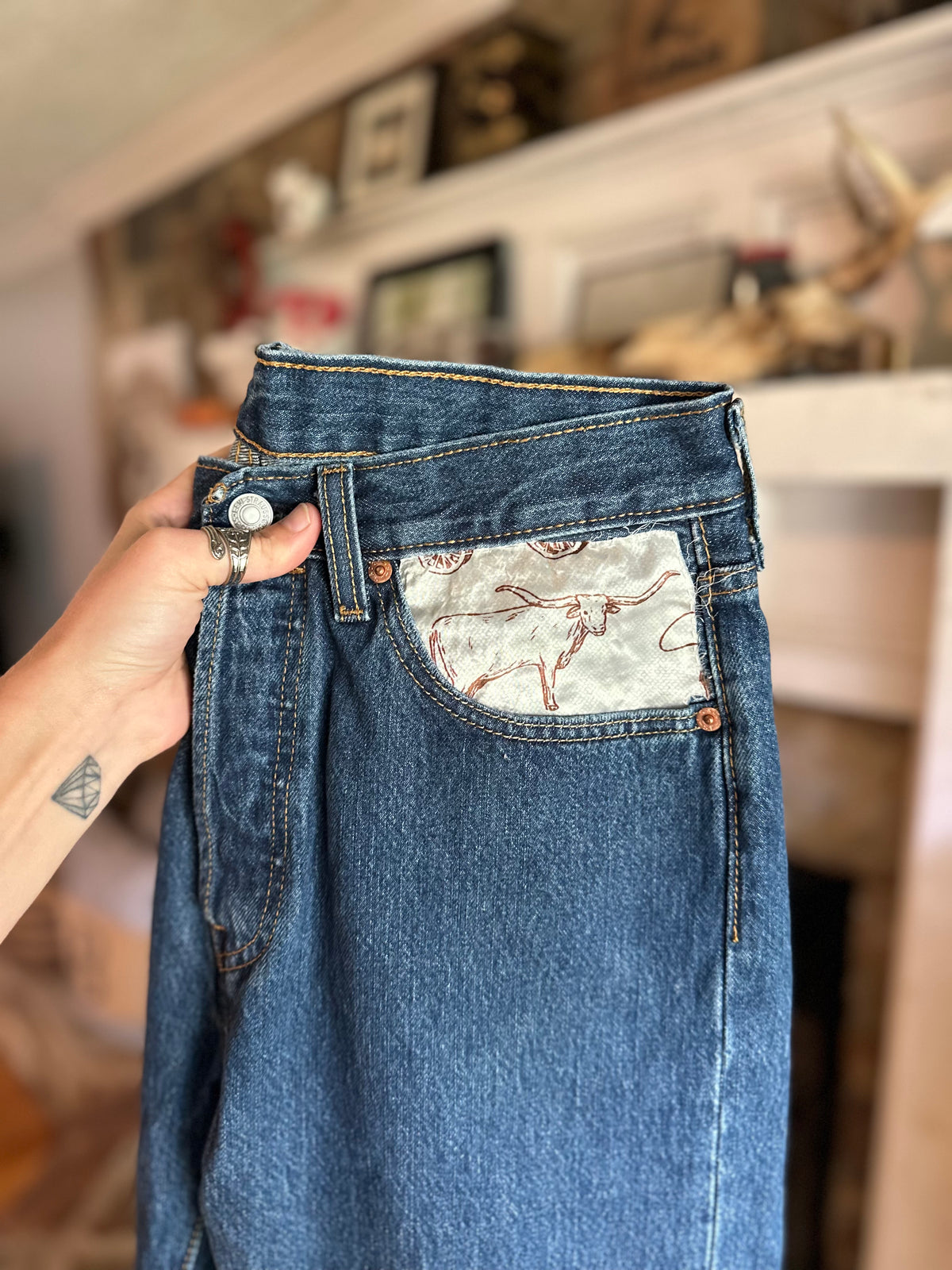 Custom Denim Blue Jean- Brown Pocket