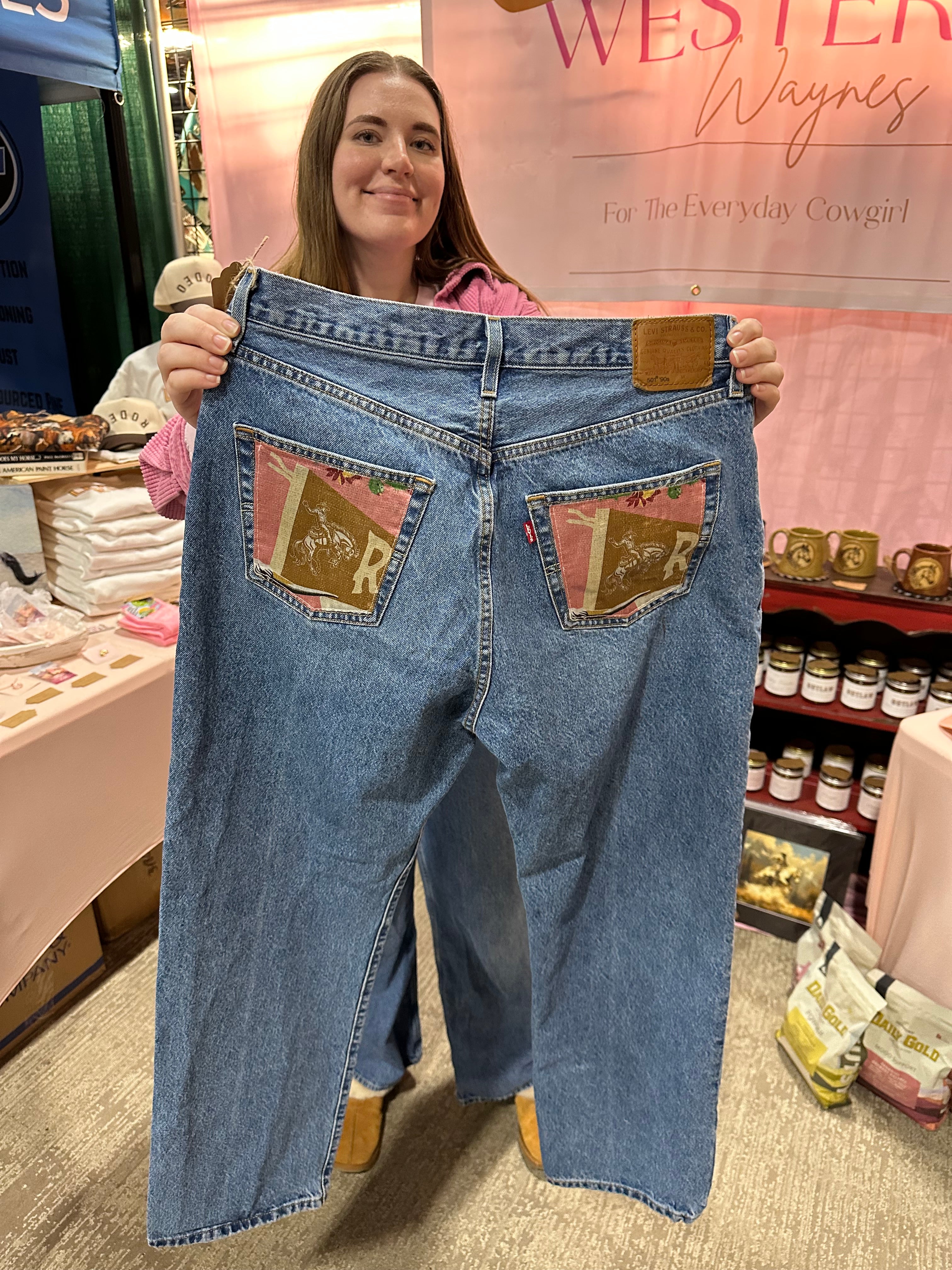 Custom Denim Blue Jean- Pink Pocket