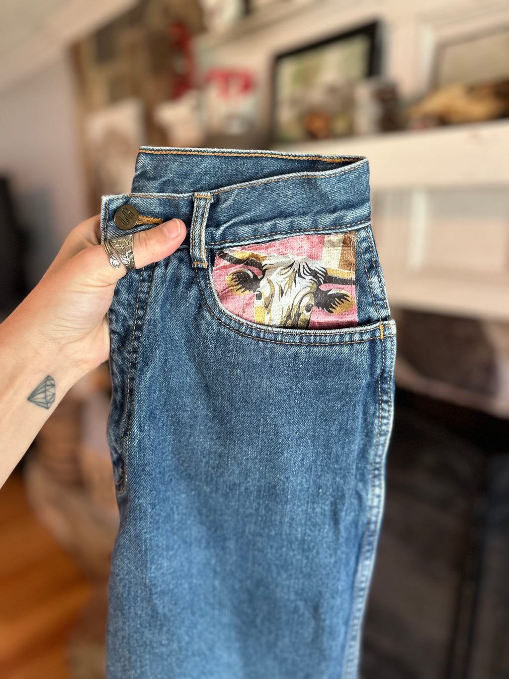 Custom Denim Blue Jean- Pink Rodeo Pocket