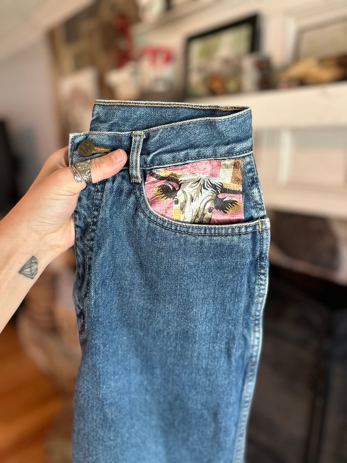 Custom Denim Blue Jean- Pink Rodeo Pocket