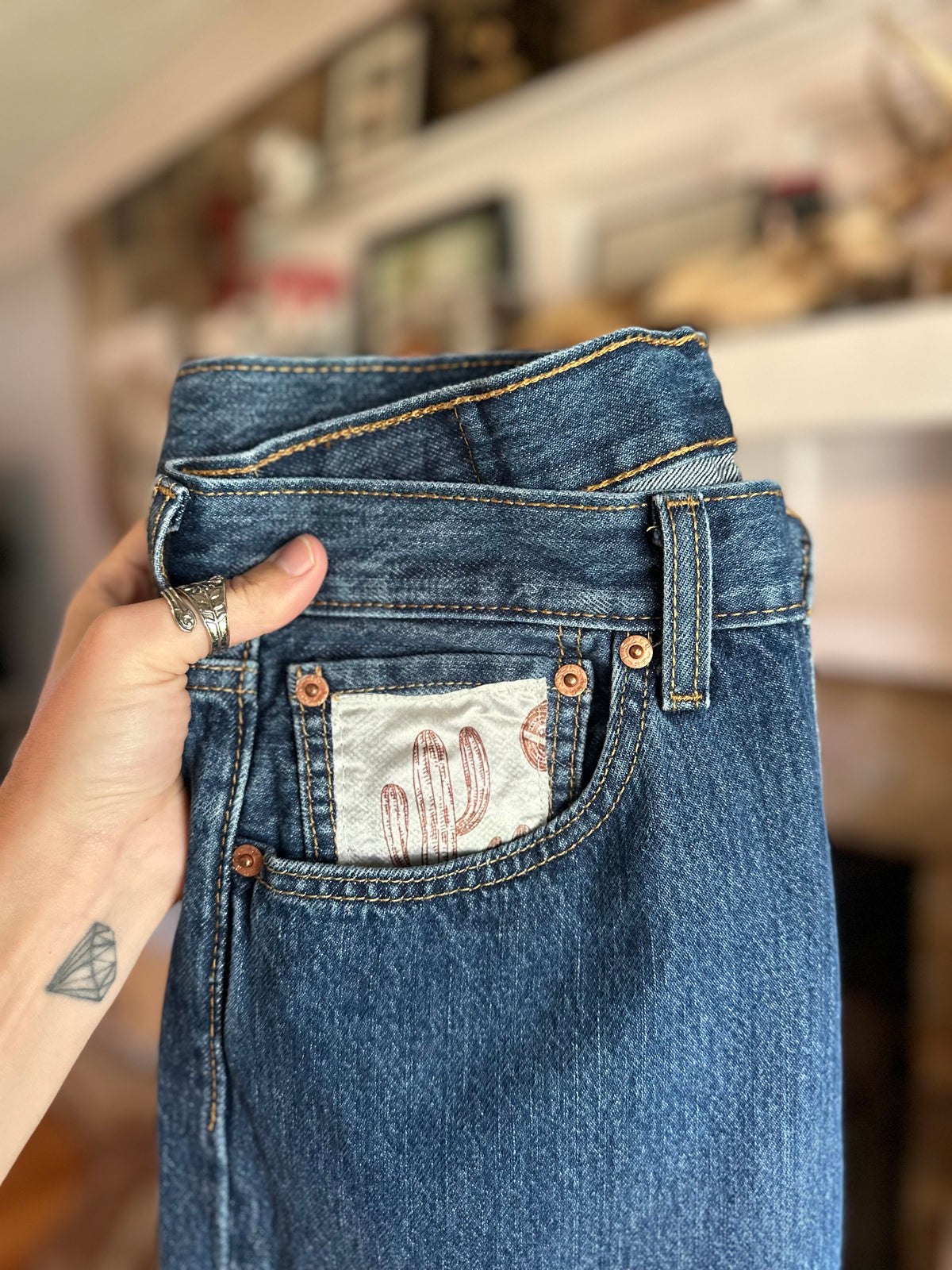 Custom Denim Blue Jean- Brown Pocket