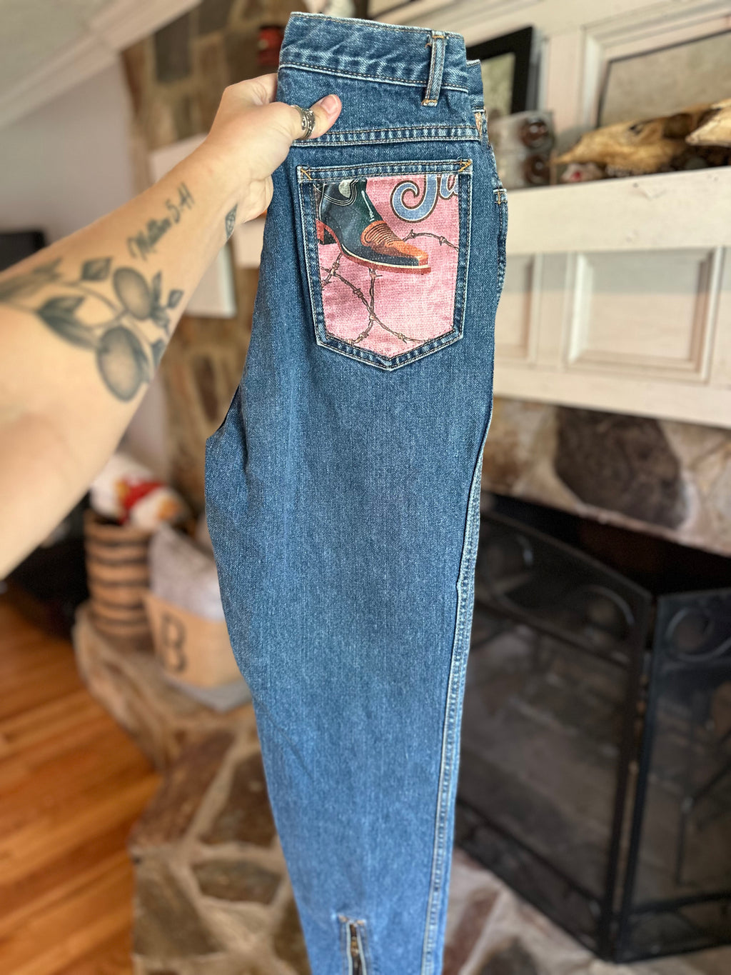 Custom Denim Blue Jean- Pink Rodeo Pocket