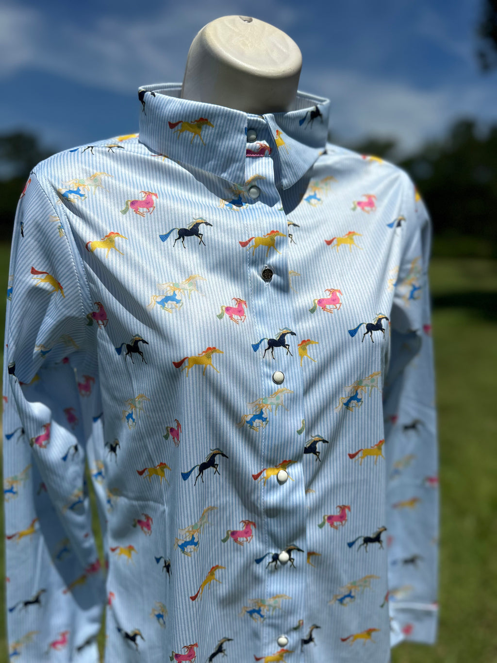 Colorful Running Horses Pearl Snap Button Down